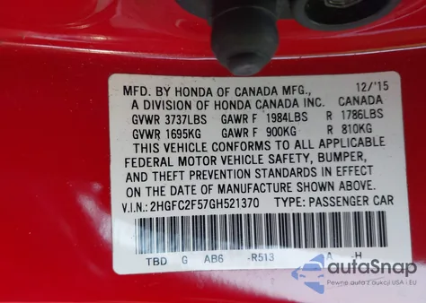 2016 Honda Civic Lx z USA, uszkodzony, nr VIN 2HGFC2F57GH521370